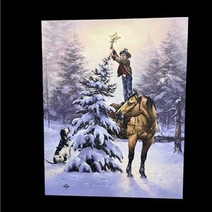 Jack Sorensen Canvas Wall Art Boy Hanging A Star On A Snow Flocked Tree 20”x16”
